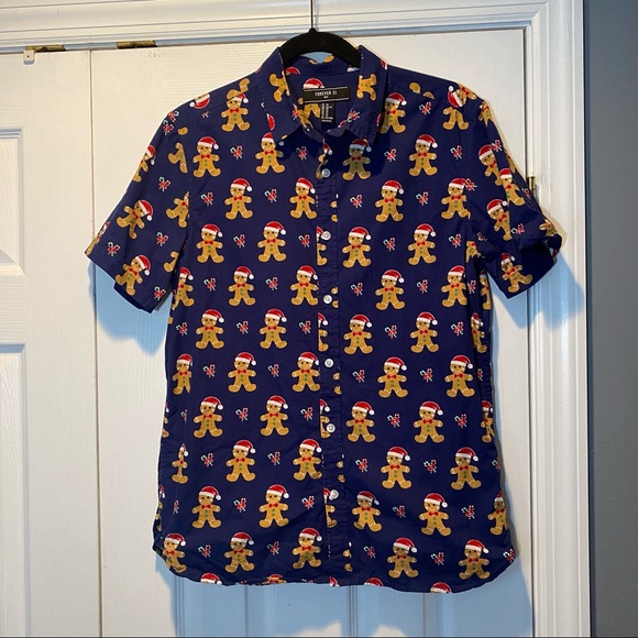 Forever 21 Other - Forever 21 Men Gingerbread Holiday Printed Short Sleeve Button Up Shirt